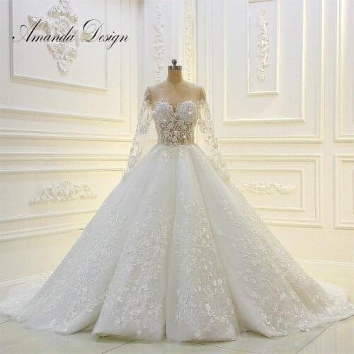 Amanda Design Long Sleeve Lace Appliqued Sexy See Through Ball Gown Wedding Dress
