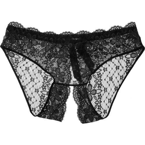 Mens Panties Sissy Gay Underwear Crotchless Briefs Sexy Low Waise See-through Lace Undershorts Flower Pattern Lingerie Underpant