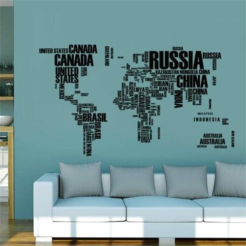Letters World Map Wall Sticker Creative Letters Map Wall Art Decal Waterproof Removable Home Decoration for Bedroom Studyroom