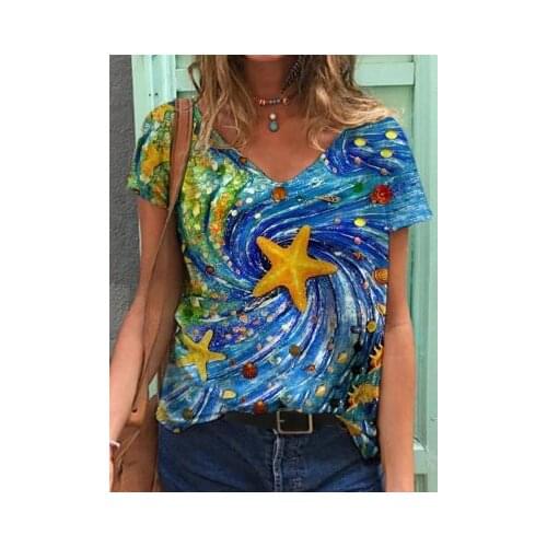 Summer New Womens Landscape Printed Short Sleeve T-Shirt Casual Fashion Loose Womens T-Shirt Top