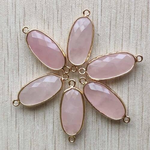 Wholesale 6pcs/lot natural roses quartz stone section oval shape gold color Connector pendants for jewelry making free shipping