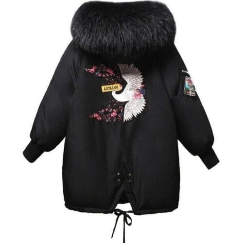 Winter Parkas Women Embroidery Hooded Fur Collar Loose Long Coat Mujer Thick Warm Casual Overcoat Fashion Black Jacket