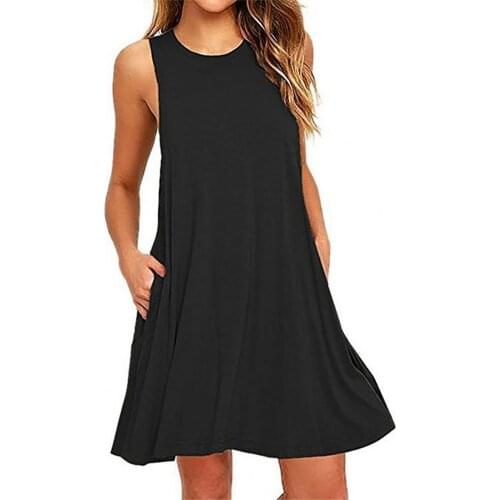 Women O Neck Dresses Casual Beach Shift Daily Casual Button Plain Sleeveless Pocket Dress Off Shoulder Dress Sleeveless Dress