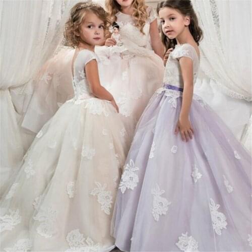 Flower Girl Dresses Sleeveless Beaded Belt Crystal Lace Applique Ball Gown for Girl First Holy Communion Birthday Party Dresses