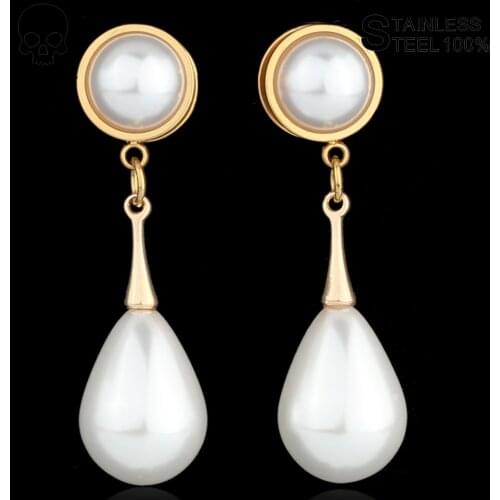 Casvort 2pcs New Pearl Dangle Ear Plugs Tunnel 316L Stainless Steel Expander Body Piercing Jewelry Fashion Ear guages