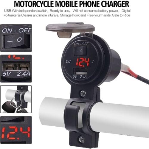 5V/2.4A Motorcycle USB Power Socket Adapter DC 12V-24V Waterproof Moto Charger Plug Voltmeter Handlebar Mount Outlet With Switch