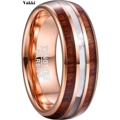 VAKKI 8mm Tungsten Carbide Ring Hawaiian Koa Wood Tungsten Steel Rings Mother of Pearl Shell Wedding Band Comfor Fit Size 7-12