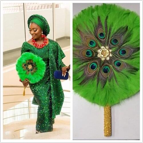 Green Custom African Wedding Feather Hand Fan with Stones Feather Dance Fan Handmade Bride Hand Held Props Wedding Favors Fan