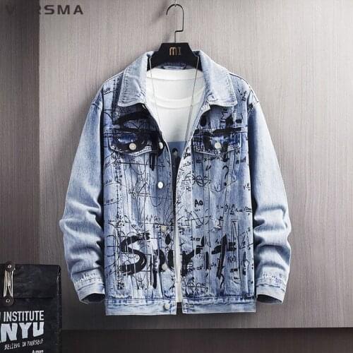 VERSMA Japanese Streetwear Graffiti Print Vintage Denim Jacket Men Hip Hop Ripped Denim Jeans Men Rock Jacket Dropshipping 5XL