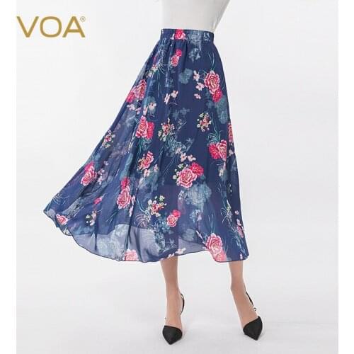 VOA 12MM Silk Georgette Purple Background Red Printed Natural Elastic Waist Elegant All-match Midi Skirt C511