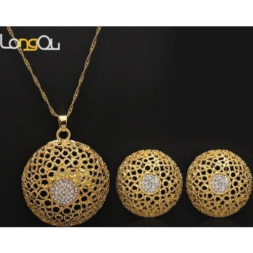Top Quality True gold DIY Crystal Women Fashion Jewellery Shiny Hollow out Round metal Necklace and Earring Jewelry set