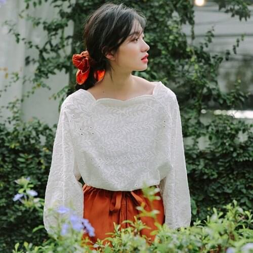 2021 New Summer Casual Lace Womens Blouses Sexy Off Shoulder Half Sleeve Embroidery Hollow white Shirt Female Fashion Clothing