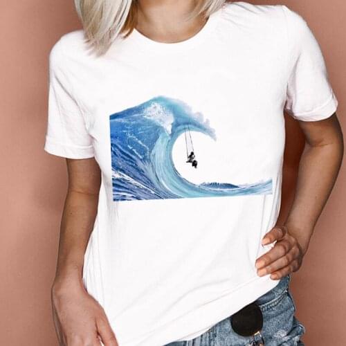 Women Graphic Wave Ocean Short Sleeve Beach Fashion Style 90s Cartoon Summer Print Female Clothes Tops Tees Tshirt T-Shirt