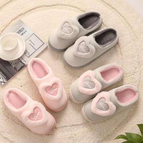 Womens Love Pattern Indoor Slippers Soft Plush Lovers Anti-slip House Slippers Winter Warm Women Men Bedroom Slides Shoes