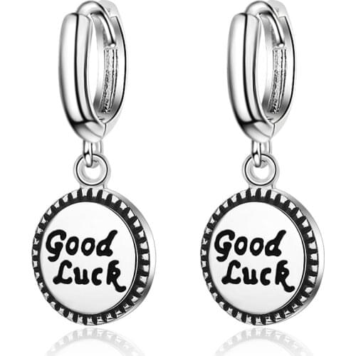 Womens Fashion Creative Hoop Earrings Good Luck Letters Simple Small Huggie With Round Pendants Charming Ear Piercing Jewelry