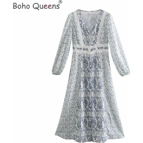 Boho Queens Women floral long sleeve beach Bohemian midi dress Ladies cross V neck happie dress vestidos
