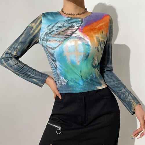Tye Die Printed Top Long Sleeve Y2k Open Navel Fasion Pullover Tops Bodycon 2021 Summer Vintage Casual Harajuku Women T-shirt