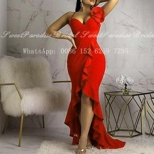 Red Mermaid Ruffles High Low Bridesmaid Dresses 2020 Spaghetti Sweetheart Neck Women Long Wedding Party Dress Prom Gown