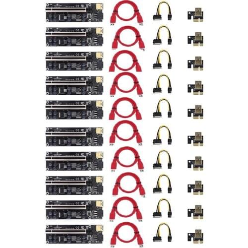 10Pack VER009S Plus PCI-E Riser Card PCI Express 1X To16X Adapter with USB 3.0 Cable SATA to 6Pin Power Cable for Mining