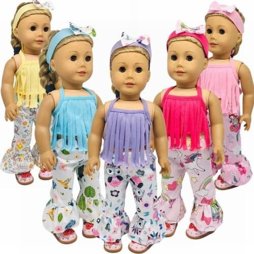 New Pattern Fashion Tassel Printed Pants Three Piece Set Fit 18 Inch American&43cm Baby New Born Doll Clothes Accessories,Girls