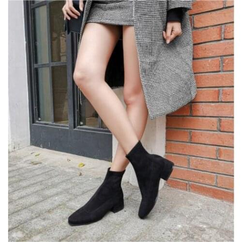Spring Autumn Black Women Boots Flock Ankle Sock Boots Ladies Party Western Stretch Chunky Low Heels Booties Short Girls Shoes