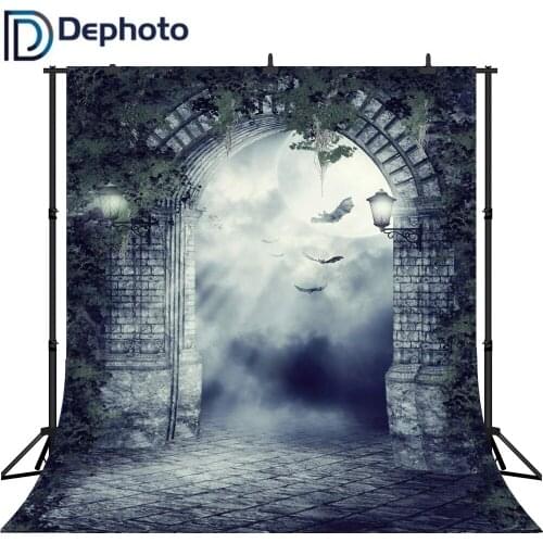 Dephoto Seamless Vinyl Photography Backdrop Halloween Night Brick Door Bat Background Photobooth Photocall Photo Shoot