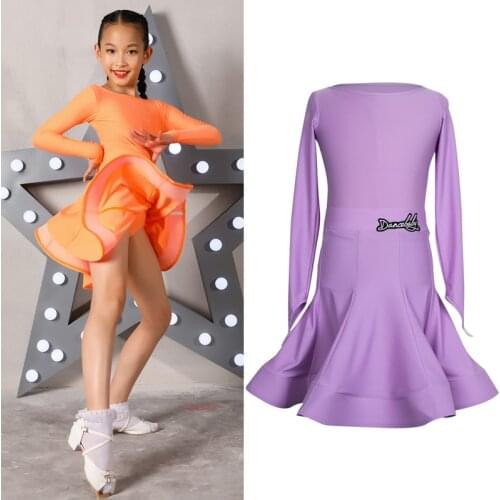Kids Latin Dance Orange Dress Long Sleeves Dance Outfit Chacha Samba Ballroom Performance Costume Girls Competition Dress BL4842