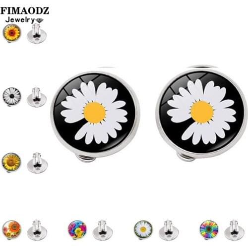 FIMAODZ Flower Daisy Earrings for Women Girl Sunflower Art Picture Glass Crystal Clip On Earring Summer Jewelry