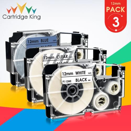 XR-12X XR-12WE XR-12BU 3PCS Mixed Set 12mm*8m Label Tape for Casio KL-60 KL-120 KL-60SR KL-200E KL-750 Printer Black on White