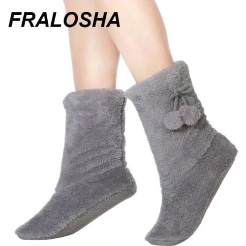 FRALOSHA Winter Ladies Thick Plush Slippers Indoor Floor Shoes Ladies New Solid Color Non-slip Soft Bottom Cotton Slippers