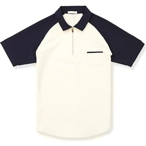 New Stylish Summer Men Casual T-shirt Color Block Zipper Summer Loose Lapel Pocket Top for Dating