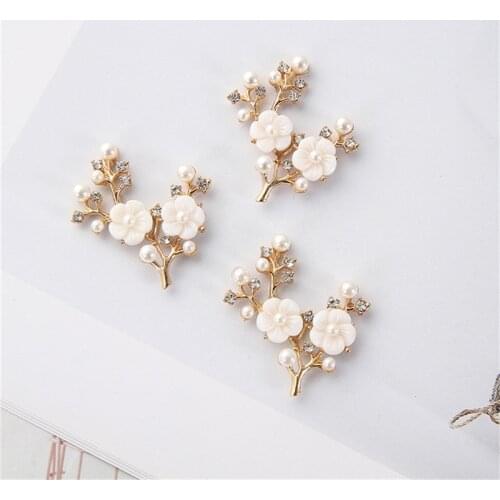 Julie Wang 2PCS Alloy Branch Charms With Rhinestone Flowers Fake Pearl Pendant Brooch Hairpin Jewelry Making Accessory