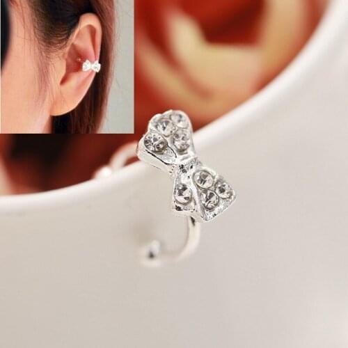 Beautiful Women Fashion New Vogue Bowknot Bow Rhinestone Crystal Lady Ear Bone Clip Earrings 1Pair