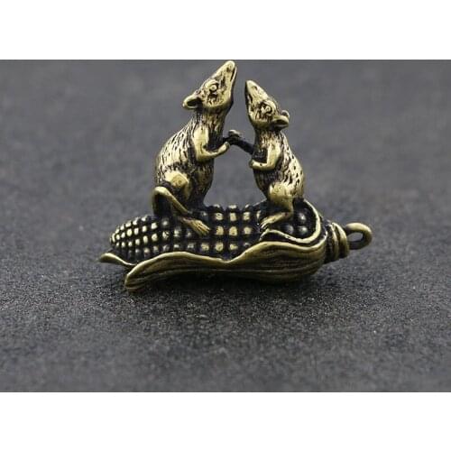 Vintage Copper Corn Rat Lucky Wealth Feng Shui Brass Mini Home Decorations Solid Mouse Desk Mininature Ornament Car Key Chains