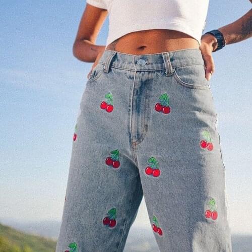 Cute Sweet Cherry Pattern Embroidery Jeans Women Streetwear Preppy Style 90s Y2k High Waist Straight Denim Pants 2021 Spring