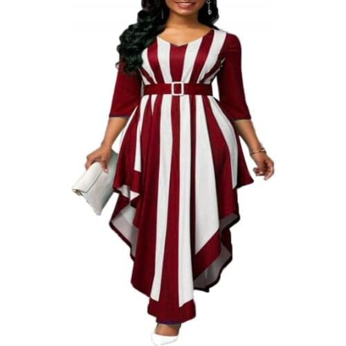 Fashion Women Dresses Stylish V Neck 3/4 Sleeve Vertical Stripes Irregular Hem Belt Long Dress Cocktail Party платье 5XL Size