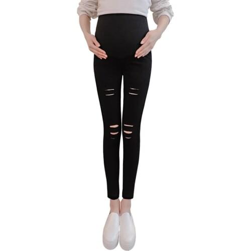Fashion spring pregnant women nine-point pants pregnant women stomach lift pants hole feet pants casual maternity