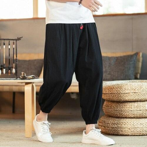 Mens Chinese Style Pants Japanese Large Size Cotton Linen Loose Casual Pants