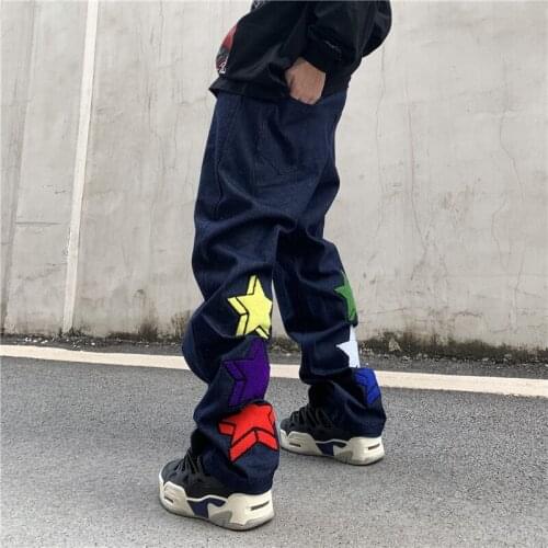 Stars Embrodiery Vibe Style Jeans for Men HarajukuHigh Street Straight Washed Distressed Casual Denim Trousers