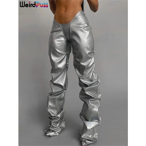 Weird Puss V-Shaped Low Waist Y2K Pants Women 2021 Fashion Stacked Faux Leather Trousers Casual Wild Hot Street Skinny Bottoms