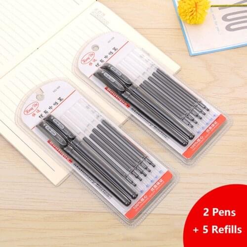 Wholesale Large Capacity Gel Pens Set 2 Pens&5 Refills Ballpoint 0.5 mm Black ink Pens for school Stationery