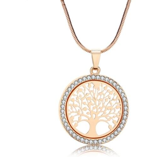 Fashion Round Hollow Tree of Life Pendant Necklace For Women Luxury Gold Color White Crystal Necklace Women Wedding Jewelry