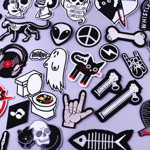 Pulaqi Punk Rock Patch Embroidered Iron On Patches for Clothing Skull Badges Black/While Punk Patches Stripes Applique DIY