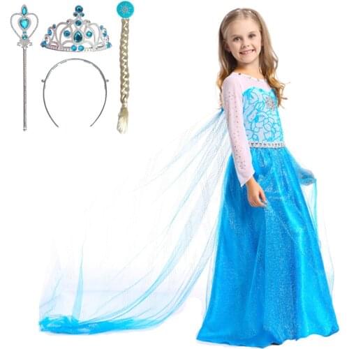 QLOVQL 3pcs Girls Elsa Princess Dress up with Mesh Cloak Fantasy Halloween Christmas Party Cosplay Crystal Costume