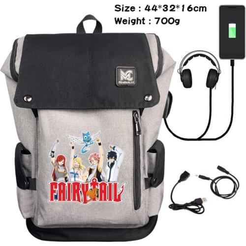 Anime FAIRY TAIL Logo Backpack New USB Travel Bags Leisure Laptop Bag Teenagers Students School Bag Barrel Bag