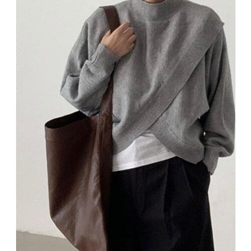 Autumn Winter Korean Fashion Vintage Long Sleeve Sweater Women Stand Collar Knit Pullovers Irregular Cross Split Warm Knitwear