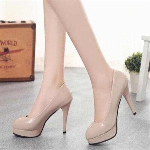 Women Pumps Fashion Classic Patent Leather High Heels Shoes Nude Sharp Head Platform Wedding Women Dress Shoes Plus Size 34-42