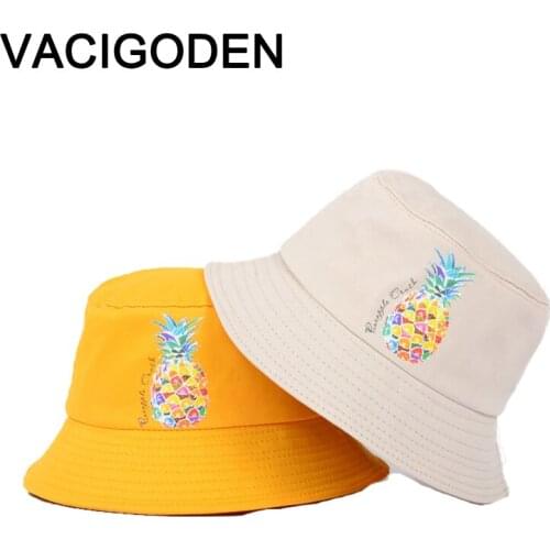 VACIGODEN Women Reversible Colorful Pineapple Printed Bucket Hat Sunbonnet Fedoras Outdoor Chapeau Fisherman Caps Gorros