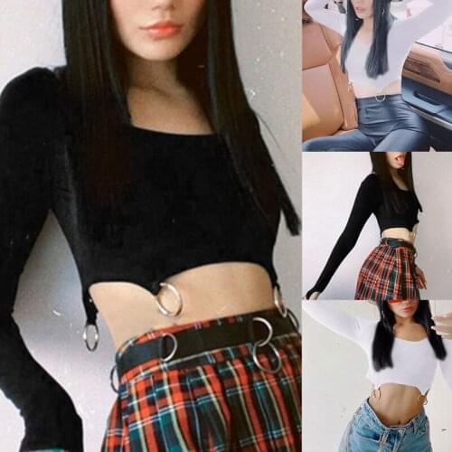 Vintage 90S Solid with Rings Cropped Tops Punk Aesthetics Slim O-Neck Long Sleeve T-Shirts