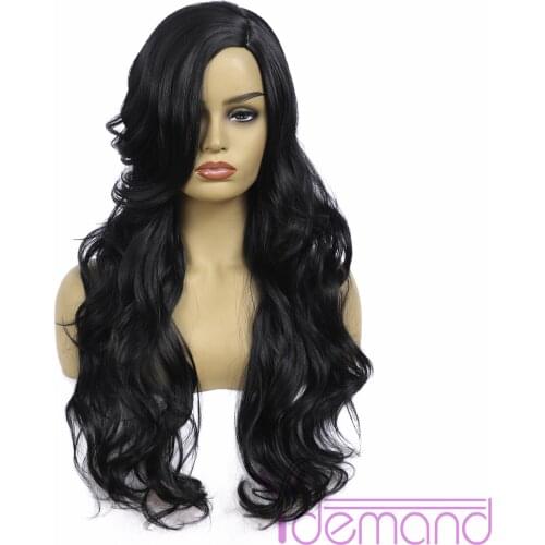 Y Demand Long Body Wave Black Synthetic Wigs With Side Bangs Natural Wave for Women Cosplay Natural Wig Heat Resistant